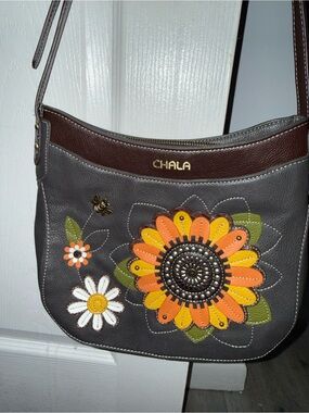 Chala Gray Crossbody Bag with Orange & Yellow Floral Appliqué